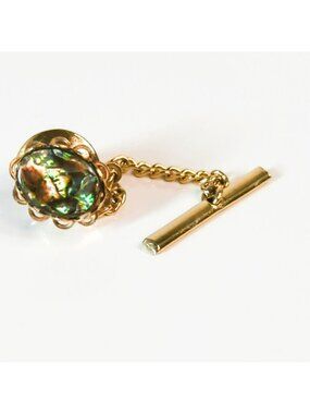 Vintage Gold Tone Tie Tack Iridescent Abalone Shell Centerpiece Mens